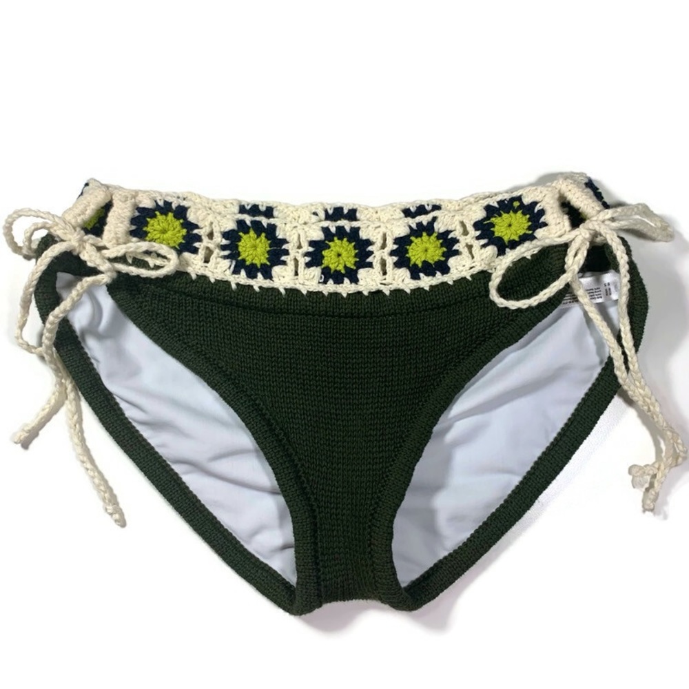 Knitty Kitty Crochet Knit Bikini Bottom Boho Olive Green Size Small NWOT